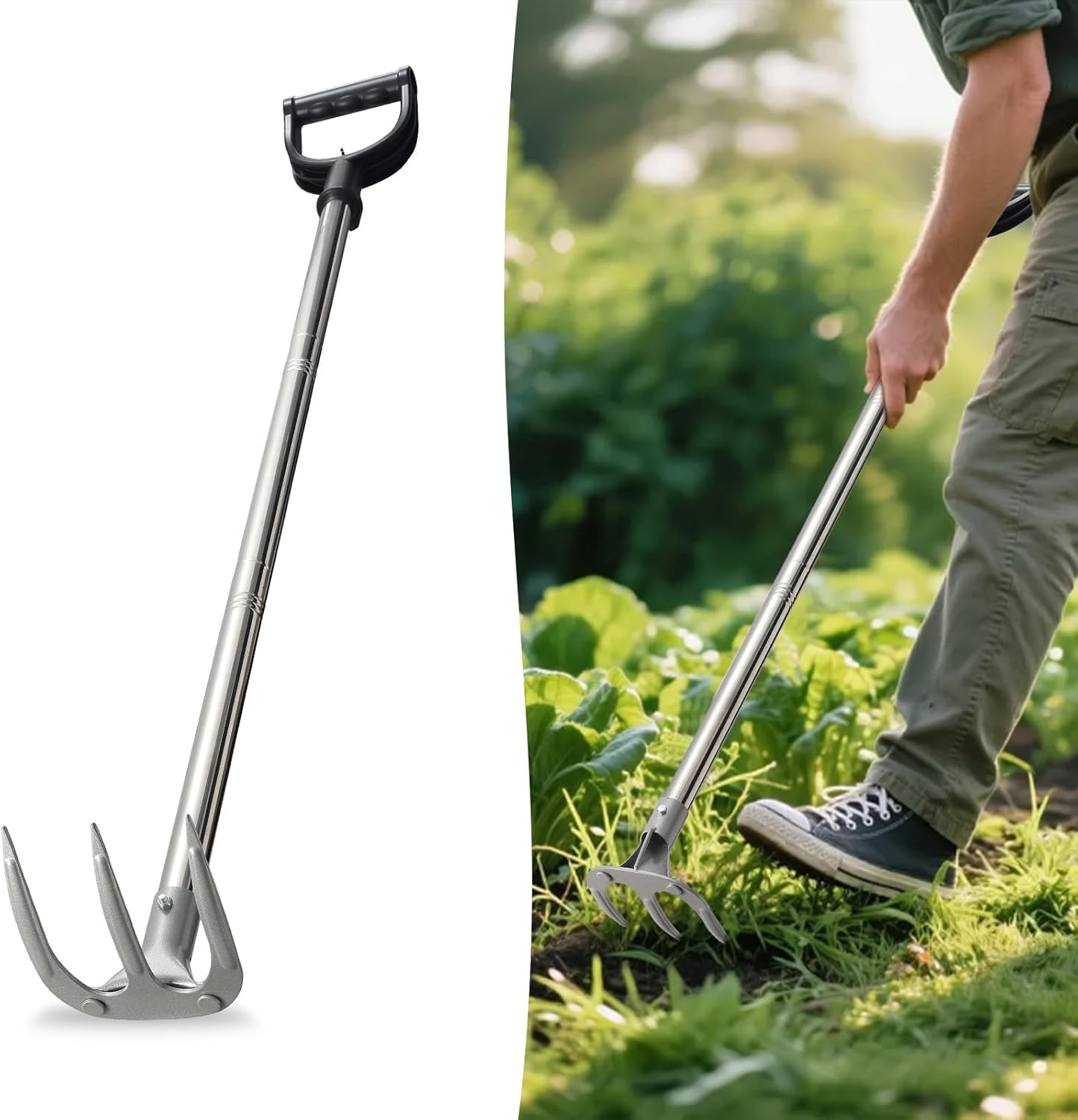 COCONUT 65” Long Handle Weeding and Cultivating Rake, 3-Tine Garden Rake for Stand Up Gardening, No Bending or Kneeling to Loosen Soil, Heavy Duty Steel with D-Grip Handle