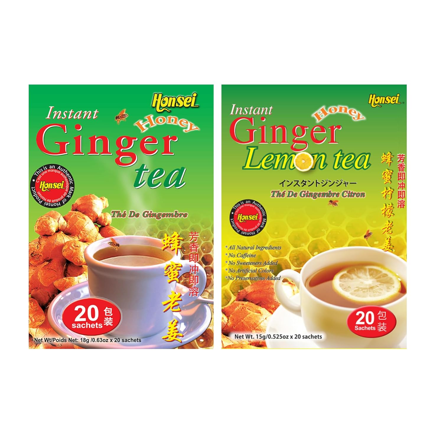 Honsei Instant Ginger Honey and Ginger Lemon Tea Set, 20