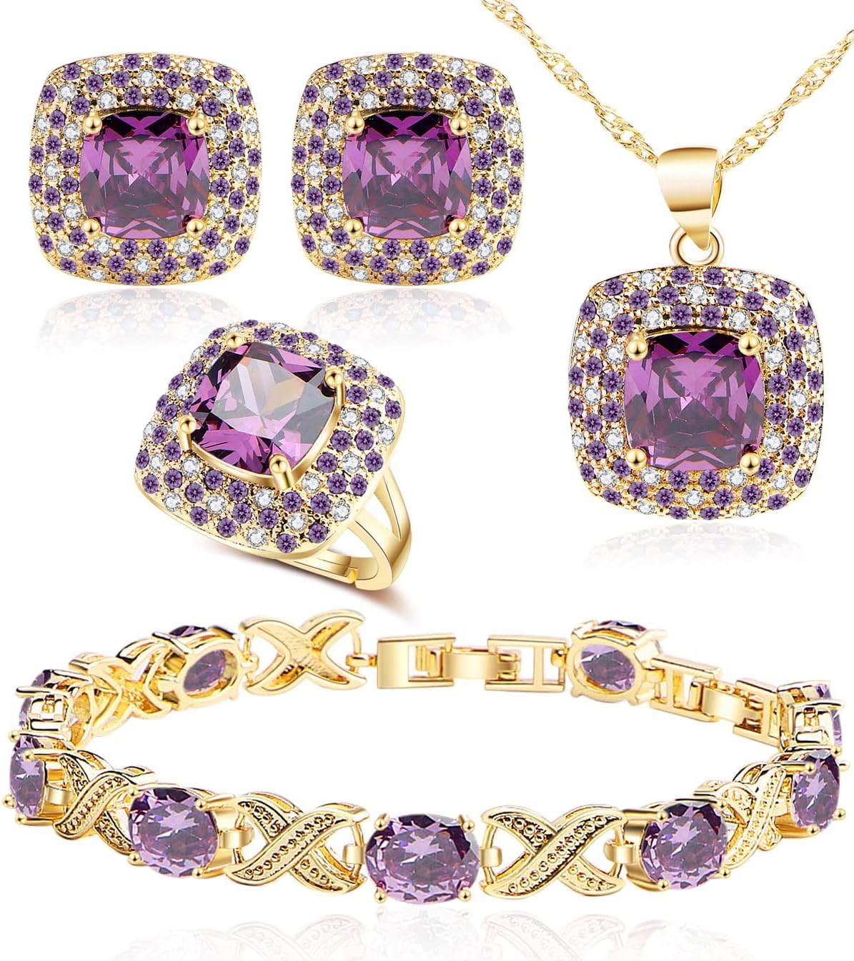 Jewelry Set for Women,Cubic Zirconia Tennis Necklace Ring Clips Earring Bracelet set,Wedding Birthday Anniversary Engagement Gift For Wife Girlfriend Best Friend Bridal