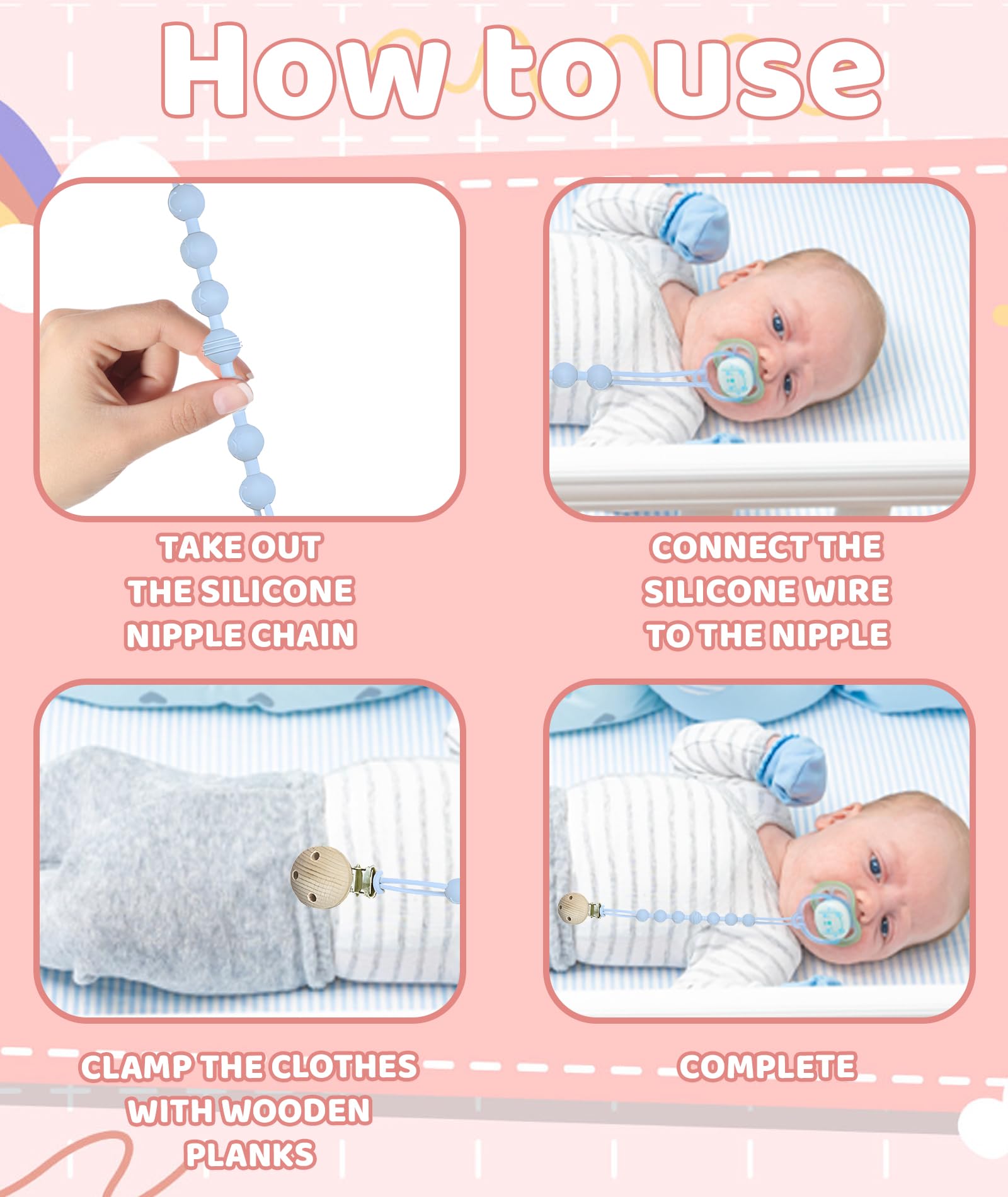 2PCS Pacifier Chain, Pacifier Holder Chain for Baby, White + Blue Wooden Clip Silicone Teether, Secure Attachment for Newborns & Toddlers, Convenient for Home & Outdoor Use - Image 5 thumbnail