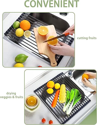 Miniatura 6 de Escurridor de platos enrollable de 20.5 x 13 pulgadas, acero inoxidable con escurridor envuelto en silicona, tapete plegable para fregadero para