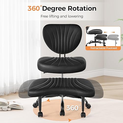 Miniatura 6 de Silla de oficina con patas cruzadas, silla ergonómica cruzada con ruedas, silla de meditación giratoria de 360 en altura ajustable para yoga y TDAH,
