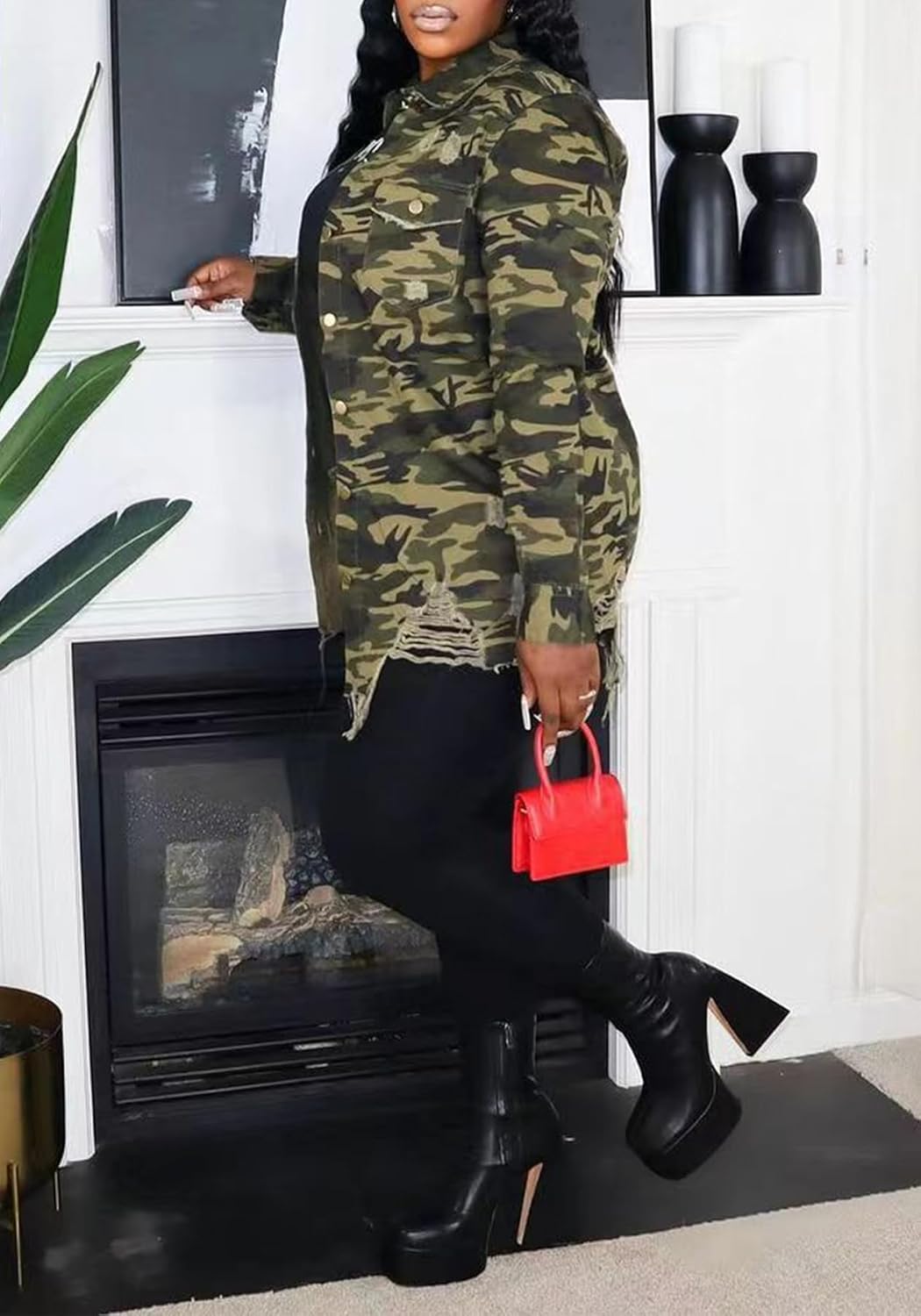 Vakkest Ripped Camo Jacket for Women Long Sleeve Casual Distressed Fray Fringe Hem Army Fatigue Trucker Outwear Coat - Image 4