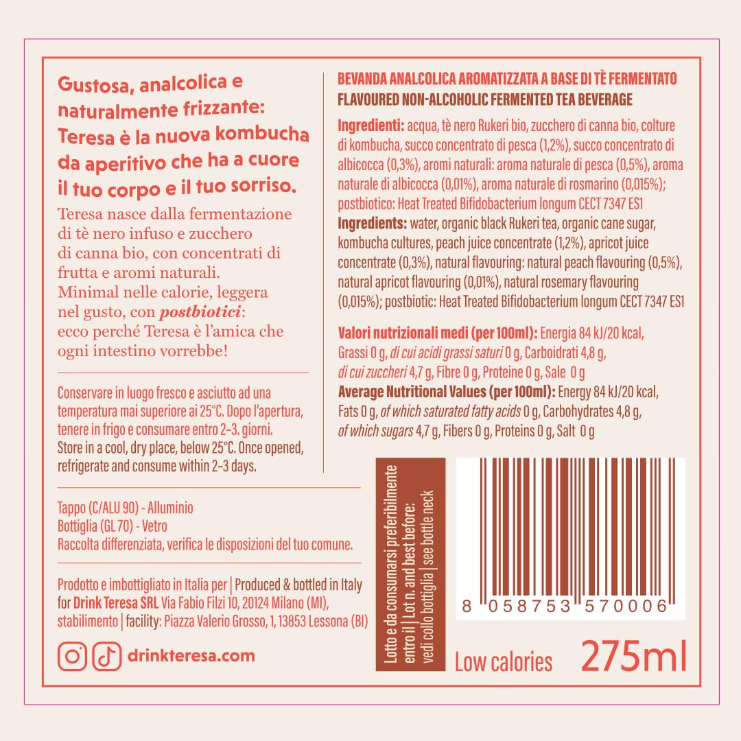 Teresa alla Pesca | Thè kombucha analcolico, naturale con postbiotici. Bevanda low calorie, low sugar e vegana. Confezione 8 bottiglie x 275ml.