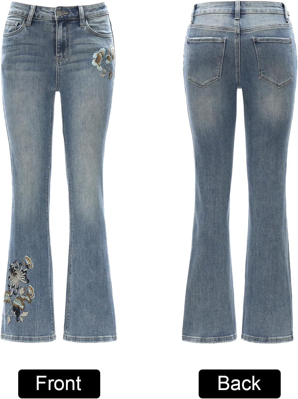 Straight Leg Jeans for Women Mid Rise Flare Bell Bottom Jeans Stretchy Floral Embroidery Bootcut Denim Pant Trendy - Image 4