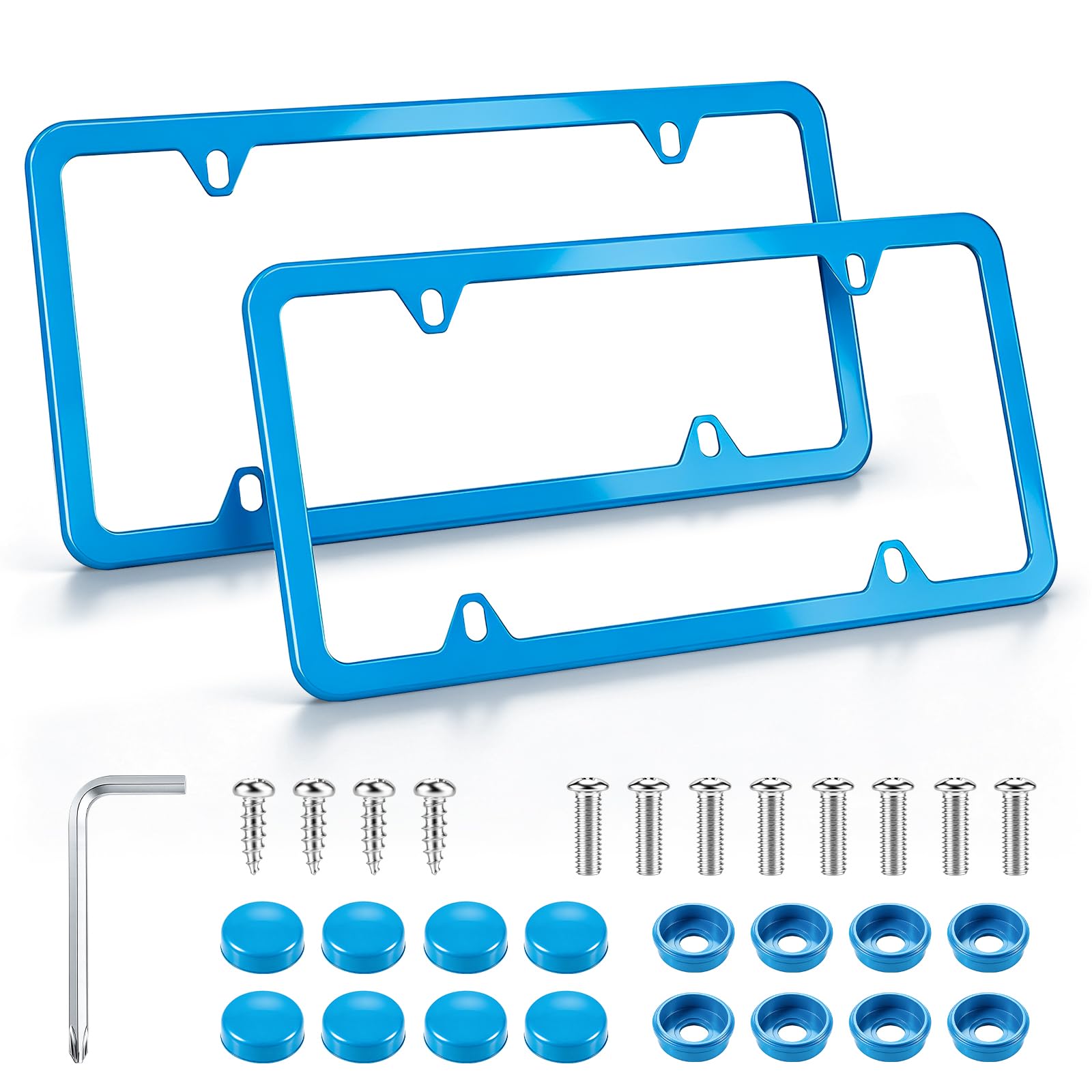 LivTee 4 Löcher Edelstahl Kennzeichenrahmen 2 Stück Auto Kennzeichenabdeckungen Slim Design mit Schrauben Unterlegscheiben Kappen für US-Fahrzeuge, blau