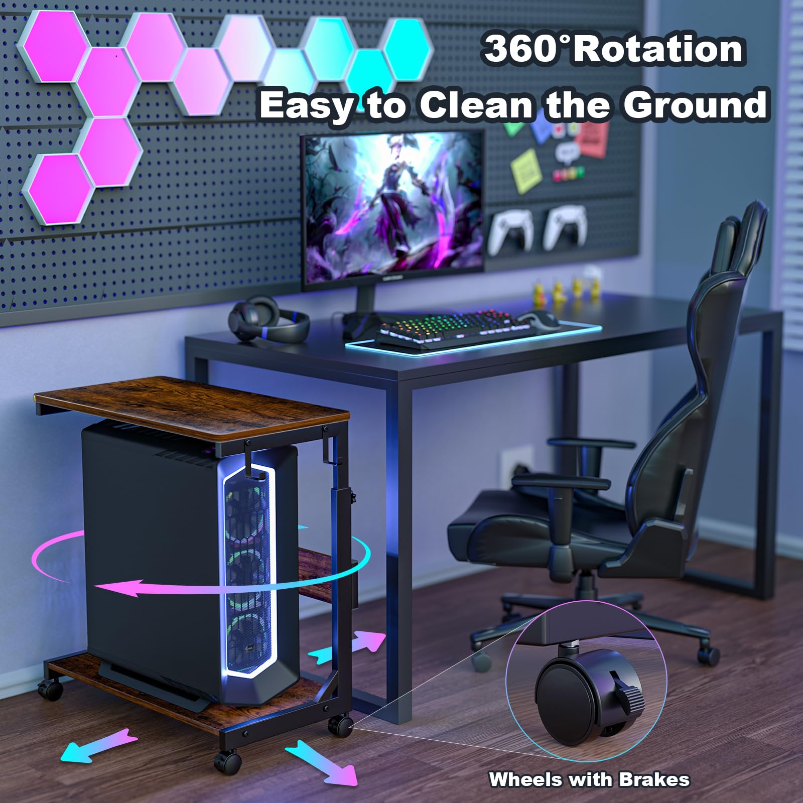 Height Adjustable Computer Tower Stand with Charge Station and USB Charging Port 2-Tier ATX-Case Cart Under Desk Mobile — view 3