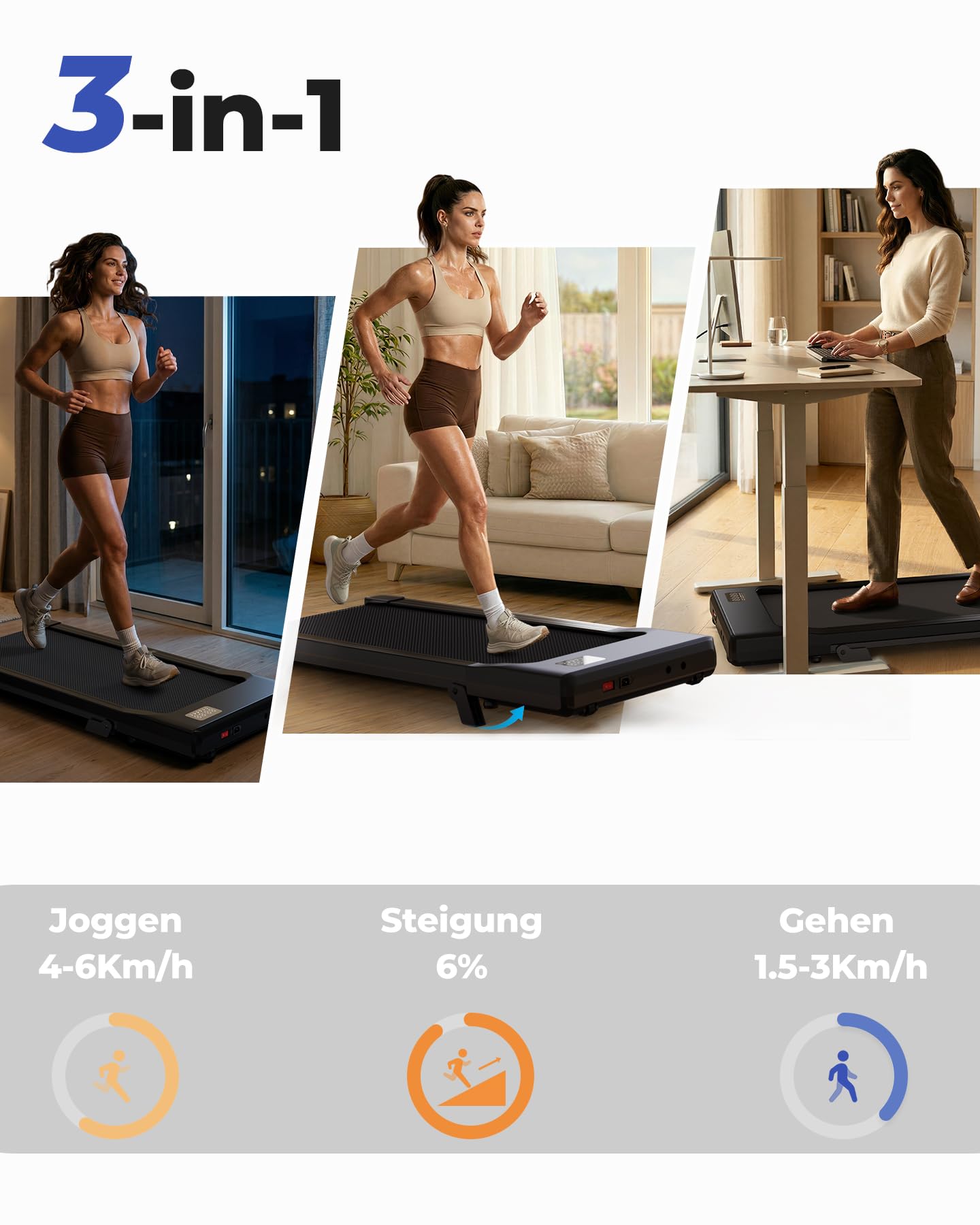 MJWW Walking Pad mit Steigung 6%, Laufband für Zuhause & Büro 136 KG mit Smart App 6 km/h & 12 km/h, Laufband Schreibtisch Leise 2.5 PS mit Schulungskurse und Multiplayer-Wettbewerbe