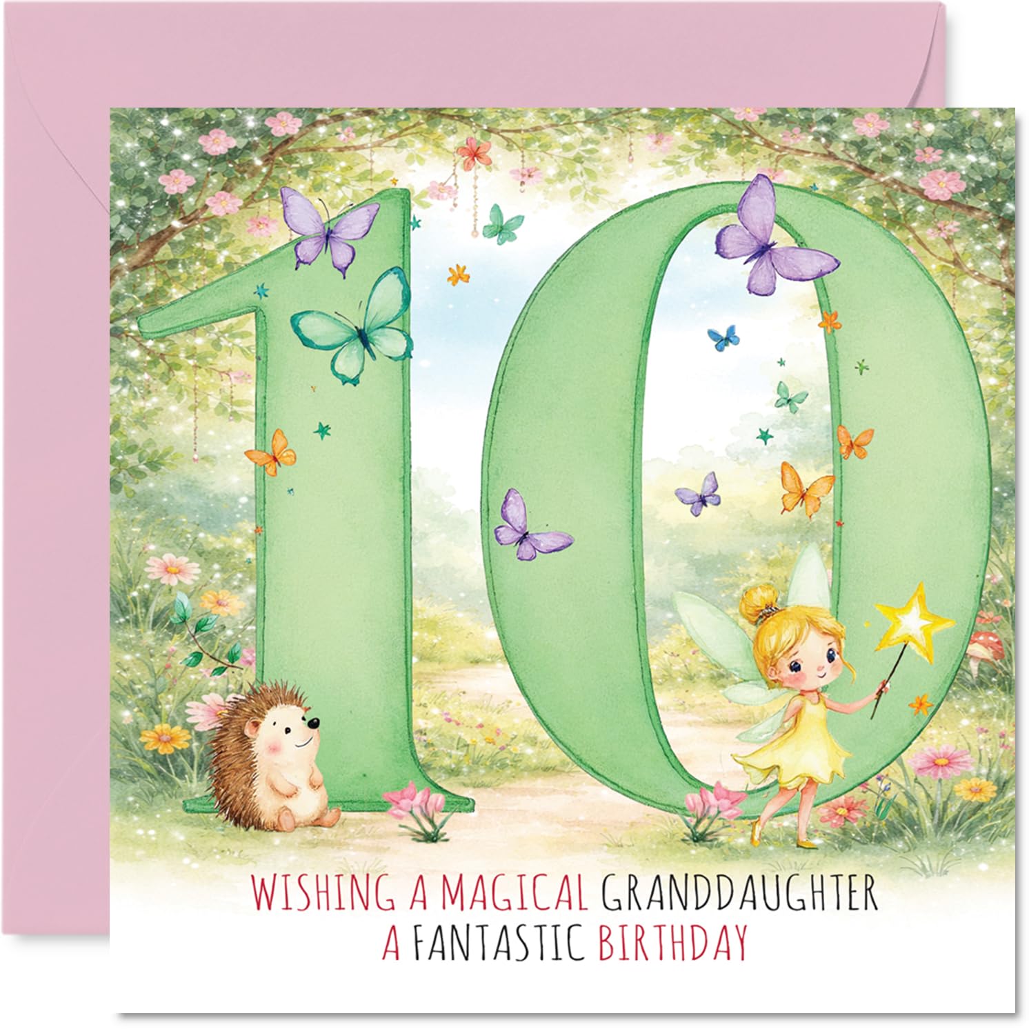 Cute 10th Birthday Card for Granddaughter - Magical Fairy and Hedgehog Scene with Butterflies - Whimsical Birthday Fun for a Special Day - 145mm Square, Envelope Included