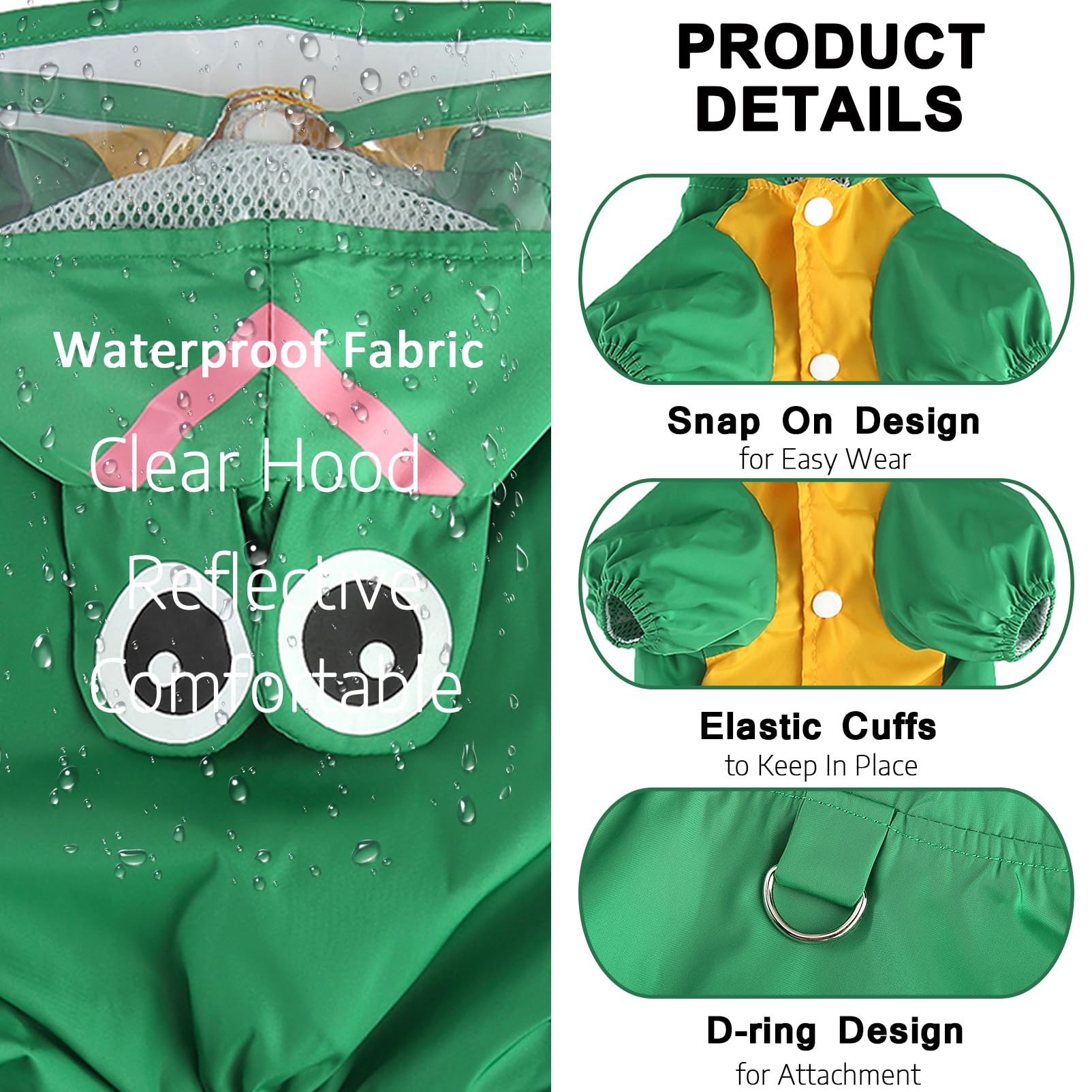 SMALLLEE_LUCKY_STORE Cute Frog Raincoat for Small Dogs with Hoood Leash D-ring Puppy Botton Down Rain Jacket Full Boby 4 leg Jumpsuit Lightweight Waterproof Clothes,Green M - Image 4