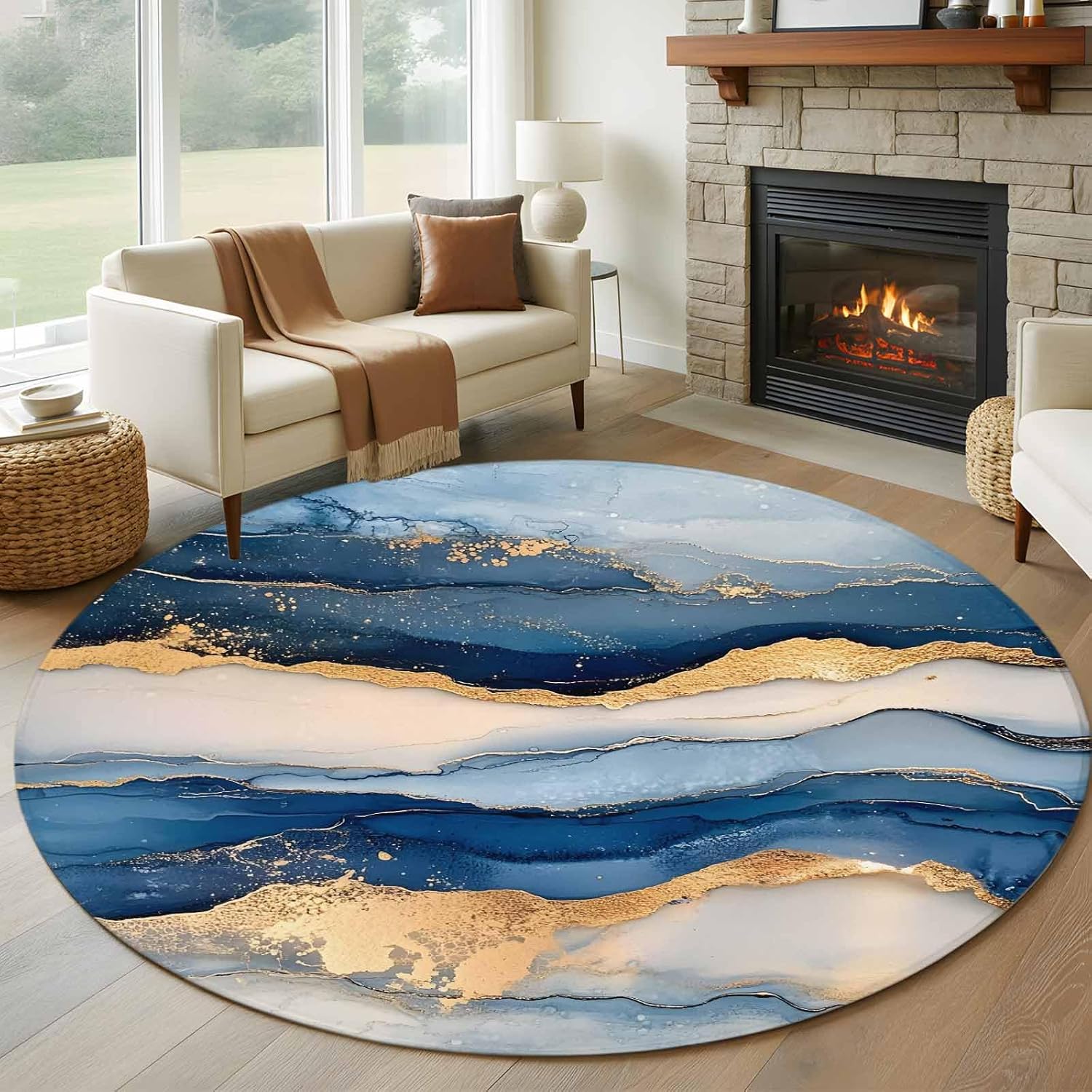 Round Rugs 5Ft, Blue Coastal Washable Rug for Living Room Low Pile Indoor Floor Carpet, Modern Luxury Nautical Summer Beach Non-Skid Bathroom Rug Kitchen Runner Rugs for Bedroom