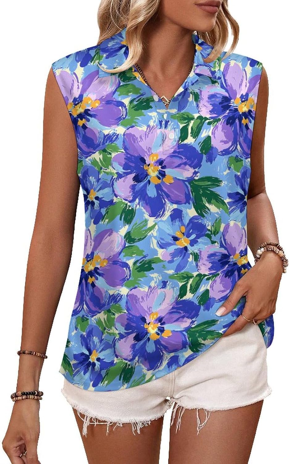 KIDVOVOU Womens Sleeveless Golf Tank Tops Floral Printed Collared V-Neck Tennis Tops Summer Quick Dry Polo Shirts