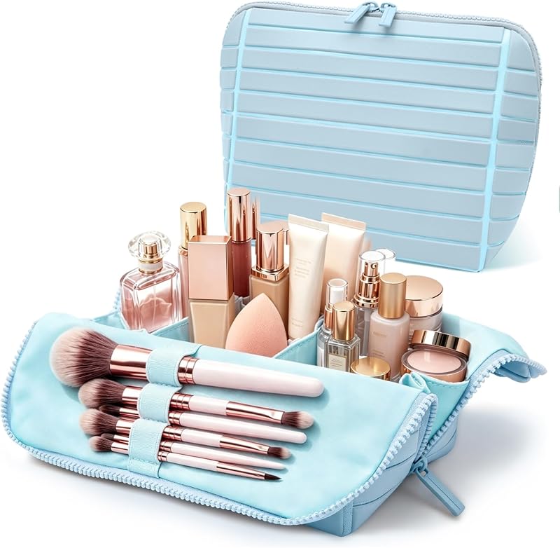 Necessaire de maquiagem para viagem Generic com divisórias ajustáveis, 24 bolsos e 5 suportes para pincéis, PVC azul-claro, 1 unidade
