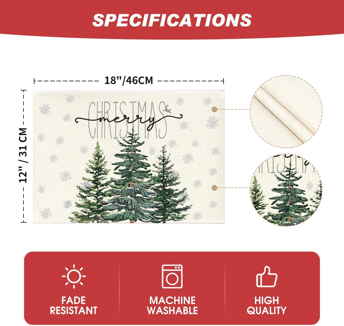 Artoid Mode Beige Pine Tree Snowflake Merry Christmas Placemats Set of 12, 12x18 Inch Seasonal Winter Xmas Holiday Table Mats for Party Kitchen Dining Decoration