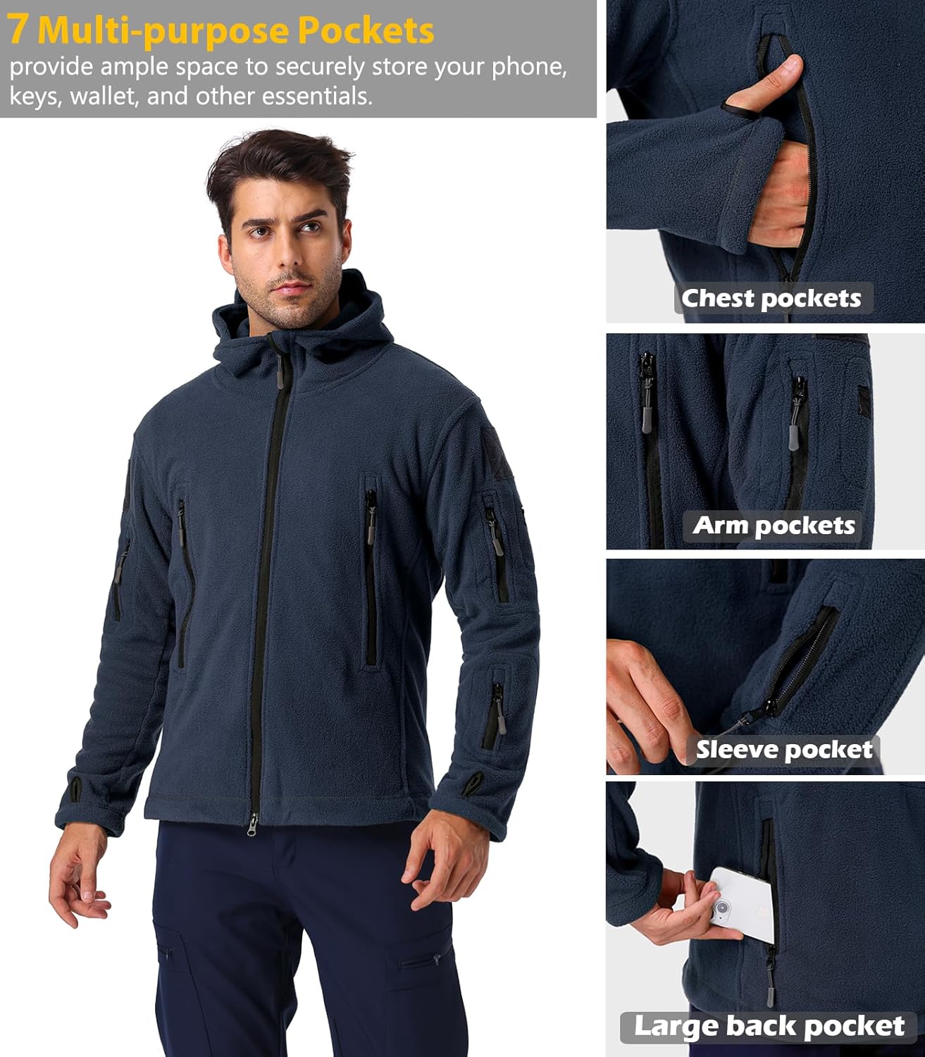 NAVEKULL Men's Tactical Hoodie Fleece Jacket Winter Warm Full-Zip Military Army Outdoor Hiking Coat with 7 Zip-pockets - Image 3