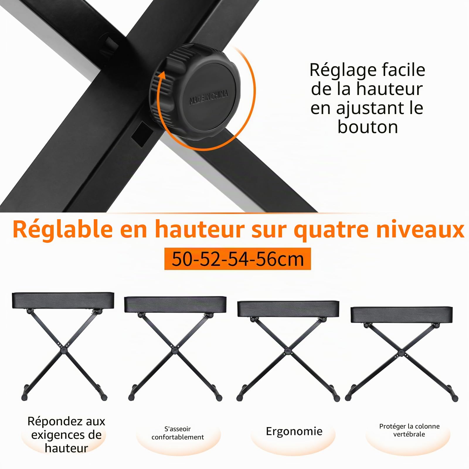 Tabouret Piano Reglable en Hauteur 50-52-54-56CM, Banc Piano avec Coussin en PU de 8CM, Banquette Piano Pliable, Siege Piano en Forme de X, Chaise Piano Tabouret de Piano Capacité Portante 100KG, Noir