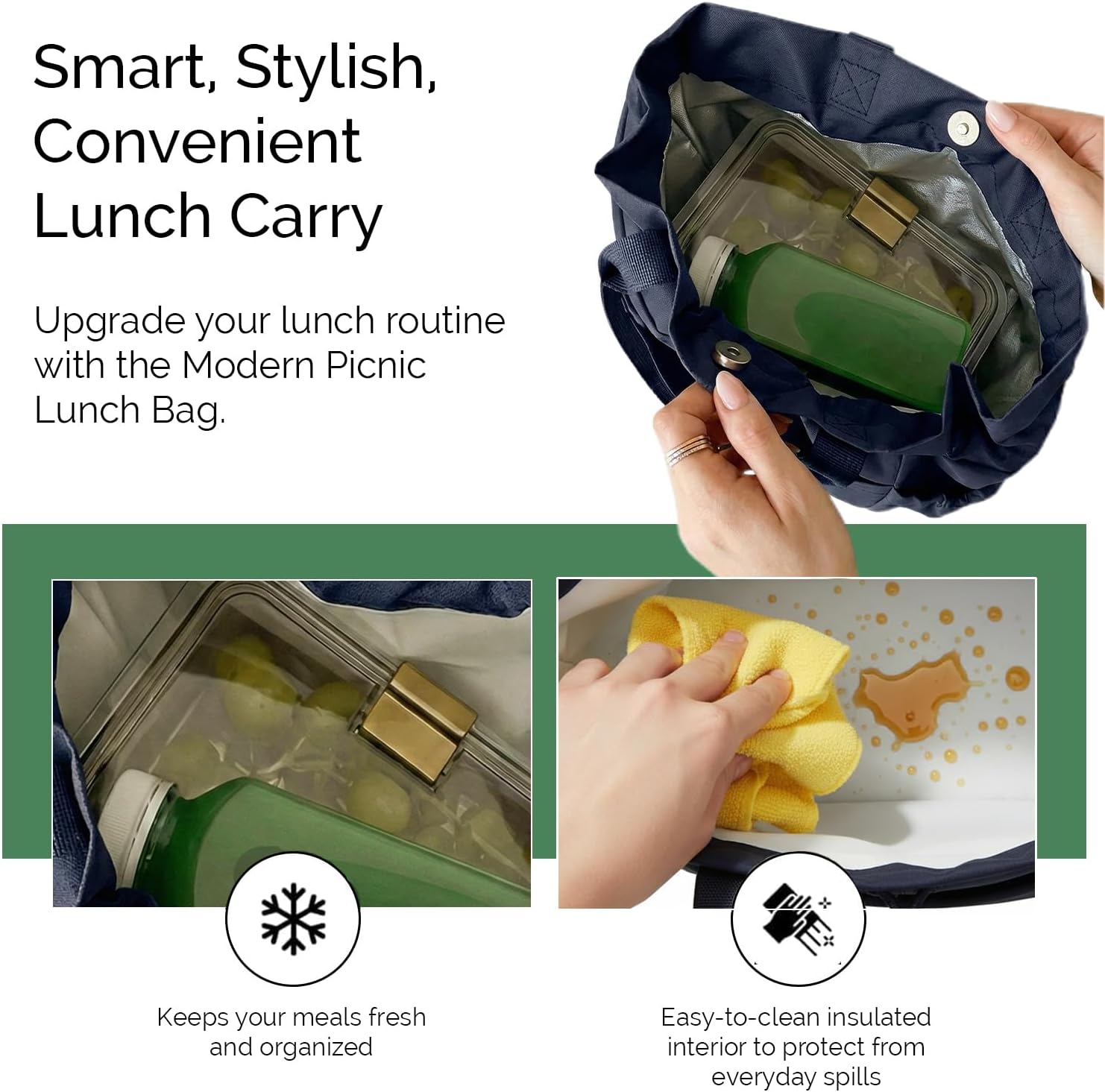 Modern Picnic x FabFitFun Lunch Bag for Women, Drawstring Lunch Bag for Women, Easily Wipeable, Stain-Resistant, Leak-Resistant, Cinch Closure Lunch Bags for Work/Office/Outdoor - Navy