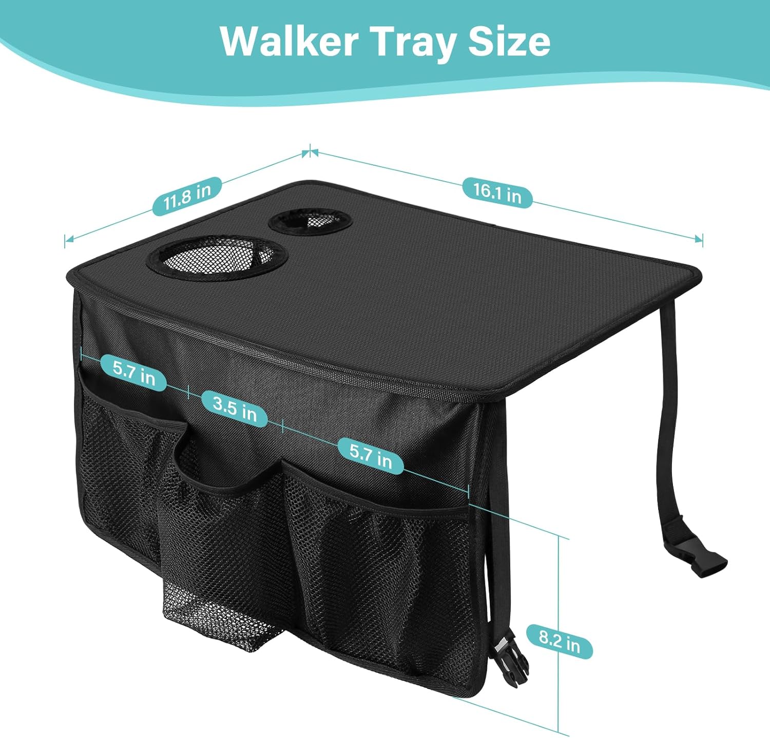 Walker Tray for Folding Walker, Trays for Walkers for Seniors Detachable with Cup Holder,Walker Trays for Rolling Folding Walker,Walker Accessories for Elderly Black With Pockets 2.0