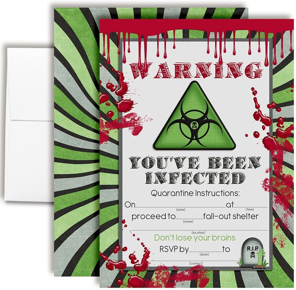 Zombie Infection Birthday Invitations, 20 5x7 Fill In Cards with Twenty White Envelopes by AmandaCreation