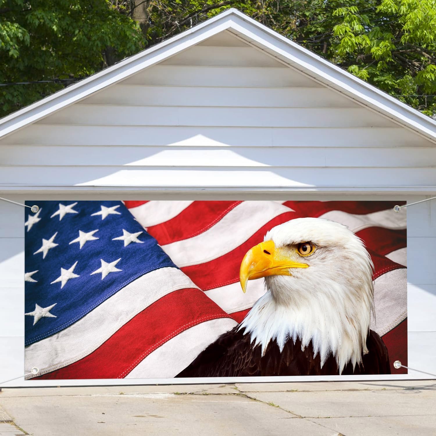 8 x7 ftIndependence Garage Door Decorations, USA Flag Eagle 4th of July Garage Outdoor Decoration, Red White Black Blue Fourth of July Banner Outdoor Party Supplies with Rope