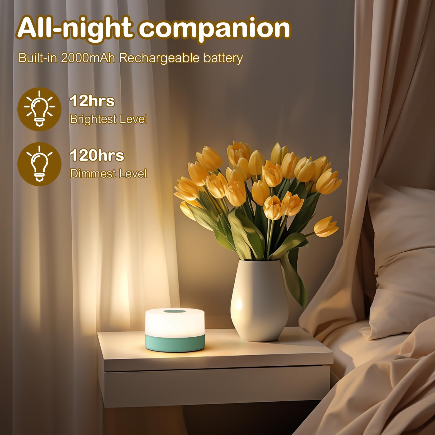 JUSHENG Rechargeable Baby Night Light LED Nursery Lamp Touch Lights, Dimmable and 3 Color Temperature Adjustable Bedside Night Light for Kids, Breastfeeding, Green