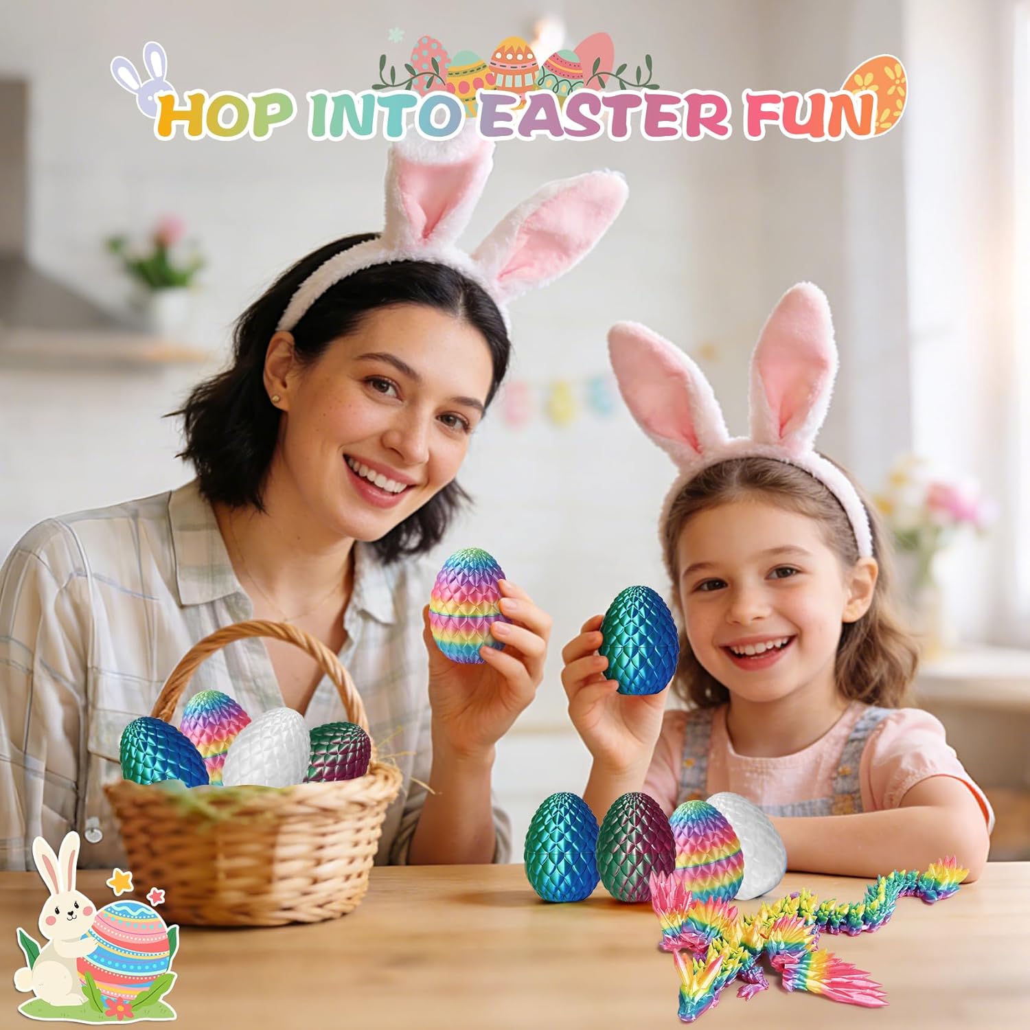 3D Printed Dragon with Wings and Eggs: Flexible Crystal Dragon Toy for Desk Decor, Sensory Fidget Toy for Kids & Adults, Unique Easter Basket Stuffers& Birthday Gift（Rainbow）