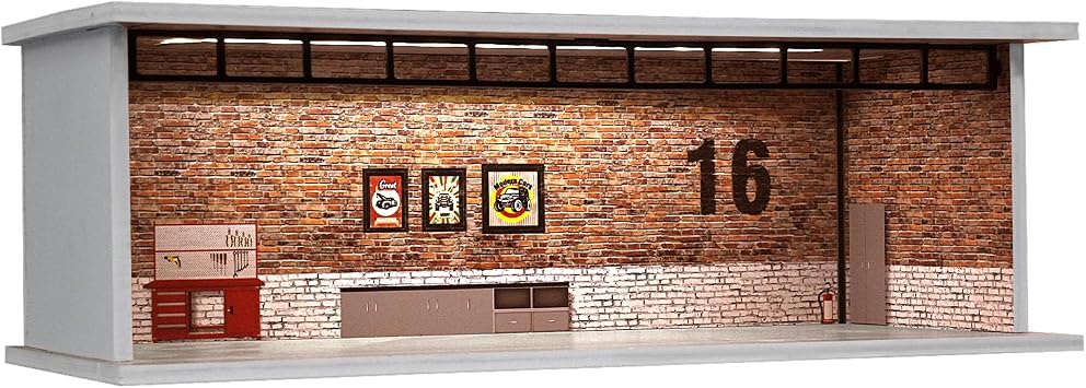 1/64 Diorama Car Garage Model, Hot Wheel Diecast Model Car, 3 Color Dimmable LED Lighting Parking Garage Storage Model with Acrylic Dust DoorNo.16 Garage | Diecast Hot Wheels and Tomica Car Display 1/64 Repair Shop Scene with 10 Brightness Adjustable