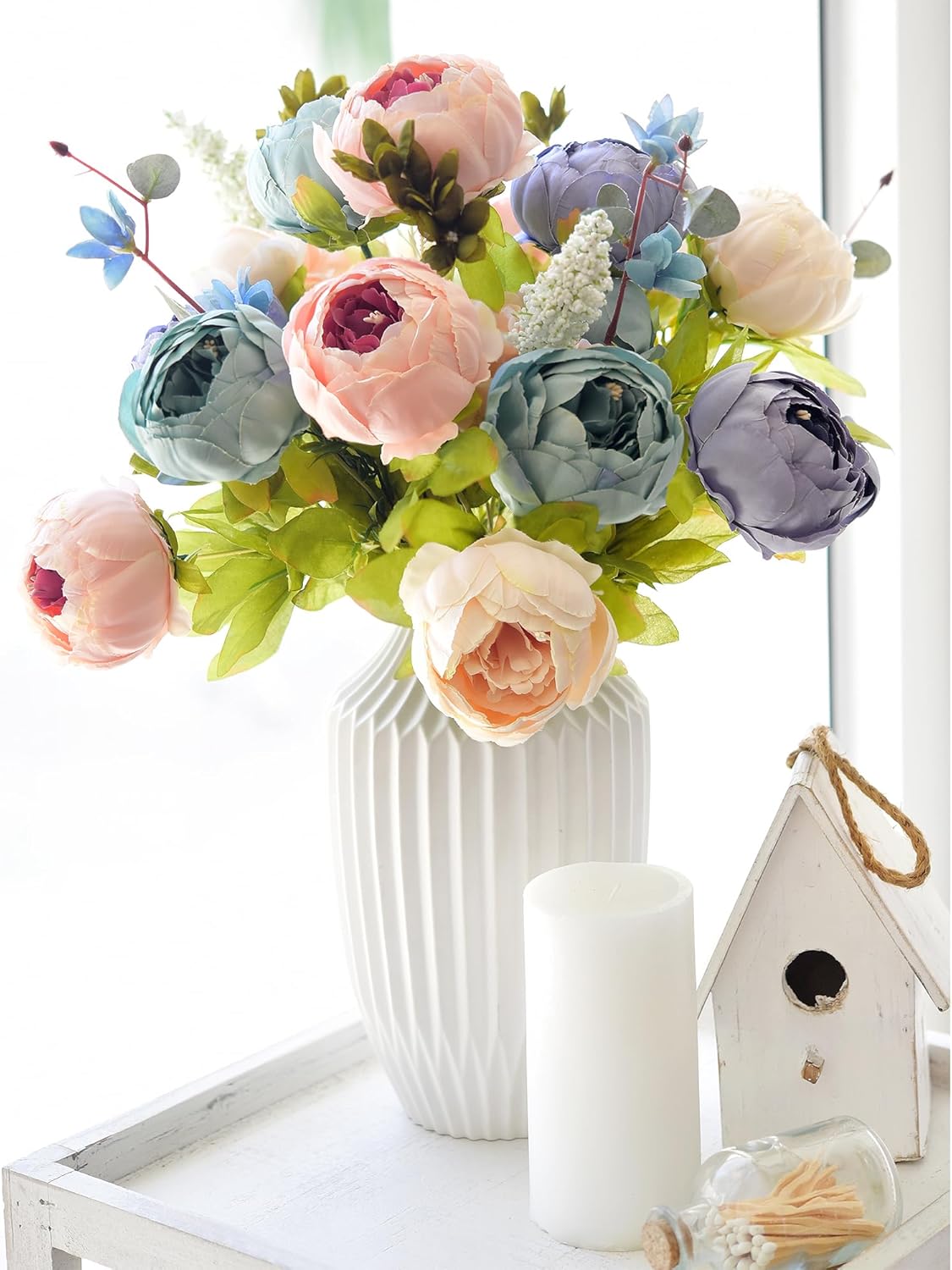FiveSeasonStuff Vintage Artificial Peonies Silk Peony Flowers and Hydrangeas for Wedding Bridal Home Décor – Beautiful Floral Centerpiece Arrangement with 2 Bouquets (Tranquil Blue and Pink Mix)