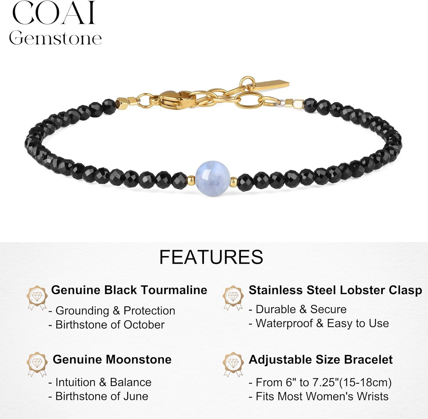 COAI Black Tourmaline Bracelet for Women, Crystal Beaded Protection Bracelet for Women 3mm