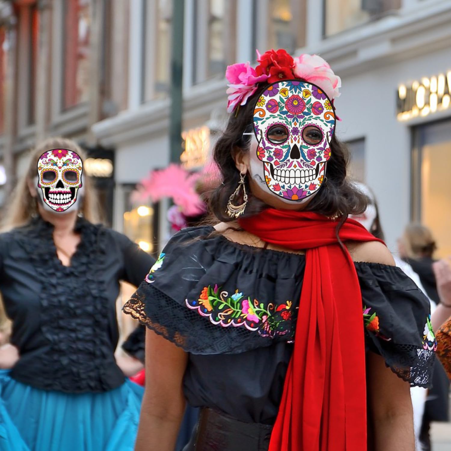 Mexican Skull Face Masks Photo Booth Props Party Supplies - Funny Mexican Fiesta Party Favors Decorations - Cinco De Mayo Sugar Skull Face Mask Party Decors - Set of 12 Counts