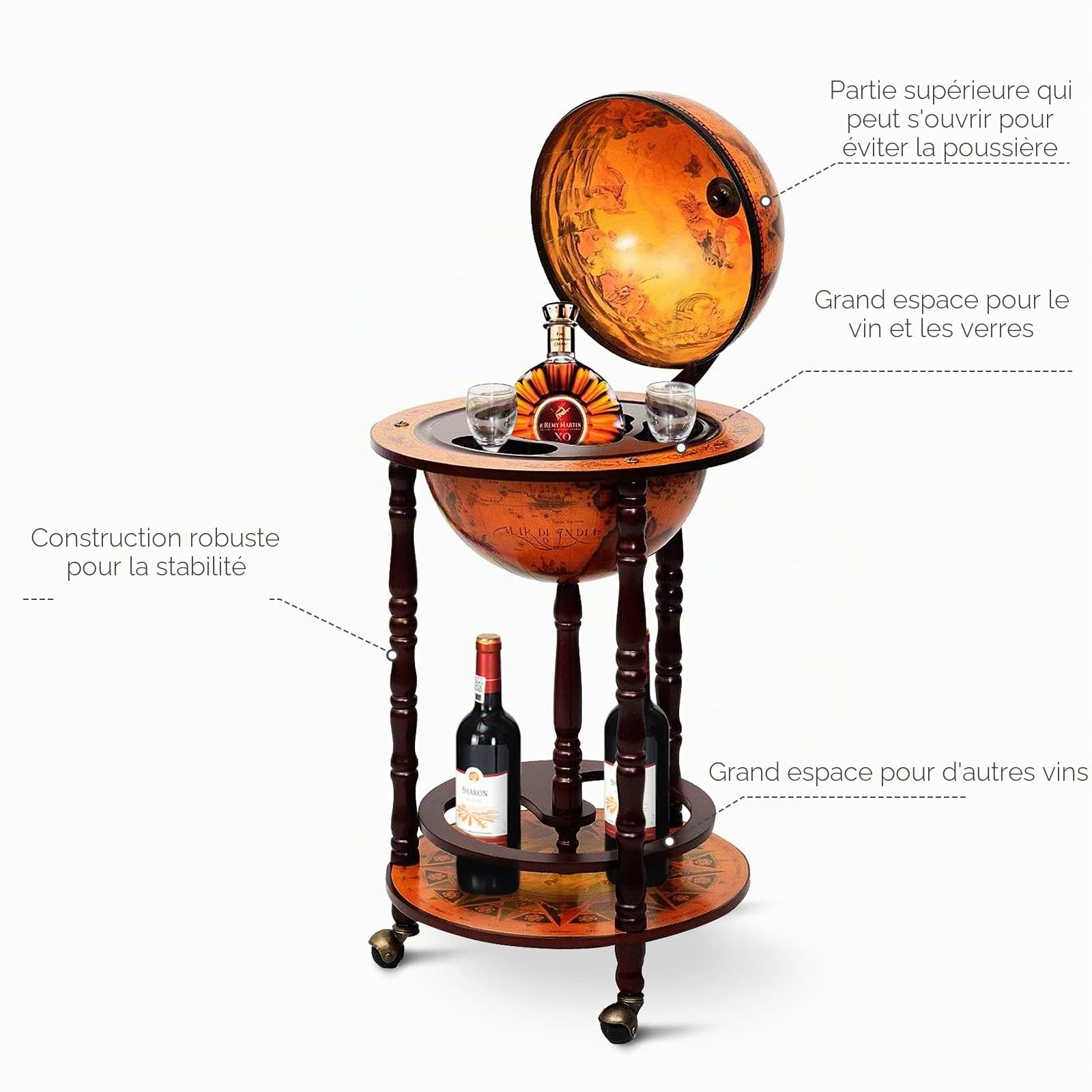 Costway Globe Bar avec Roues Mobile Porte Liqueurs, Dessin innovant et Pratique, Marron, 88 x 45 x 45 cm