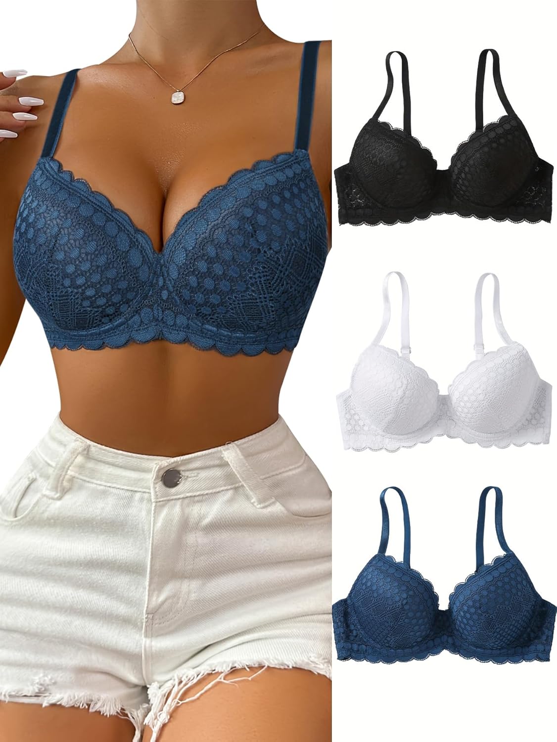 Lace Push-Up Bras, 3Pcs Bralettes for Women Lace Bras, Women's Comfort Underwear, Elegant & Comfortable Women Bra