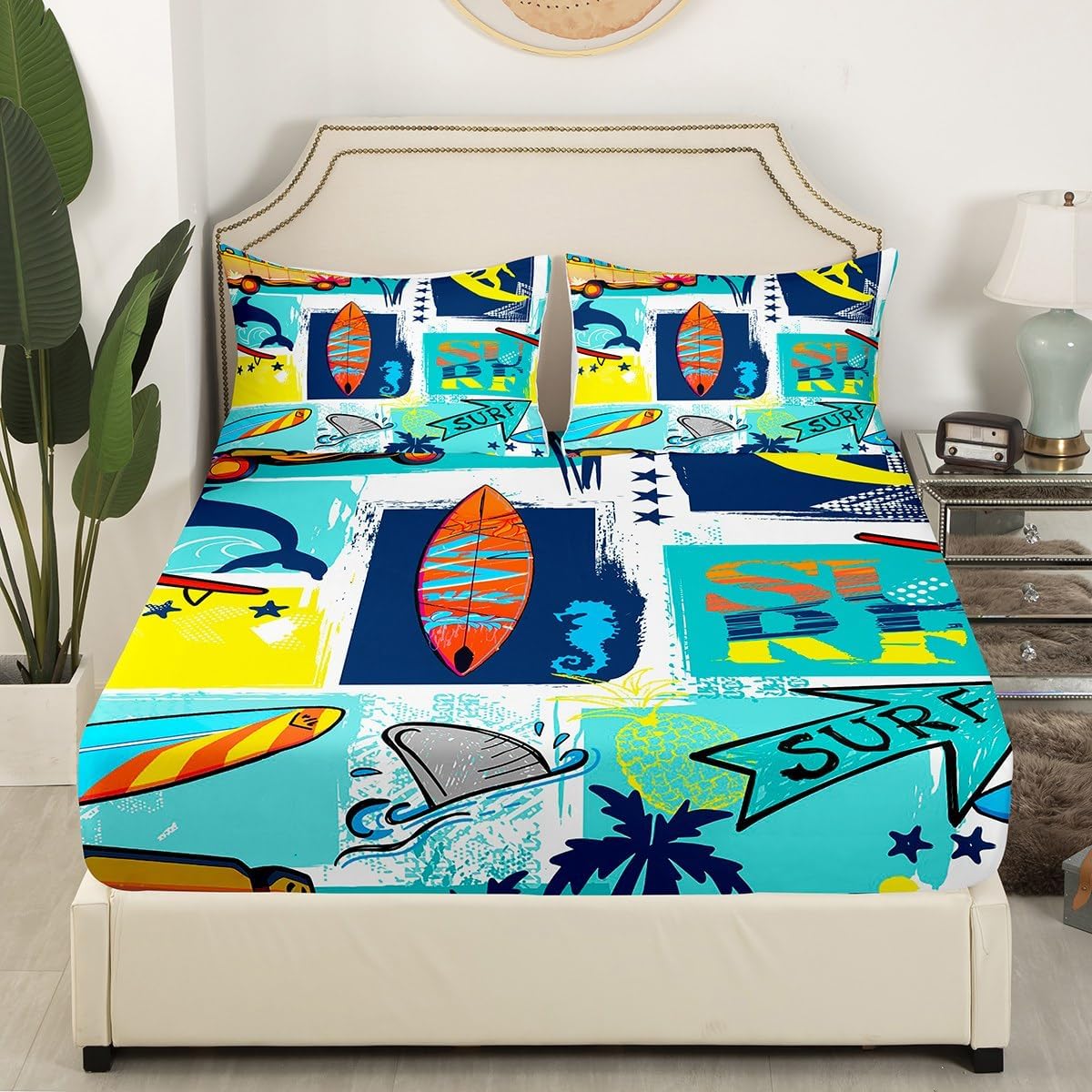 Castle Fairy Surfing Sports Bed Sheet Set Queen Size,Colorful Surf Themed Graffiti Painting Bedding Set for Children Adult,Surfboard Fish Stars Plaid Sheet Sets with Flat, Fitted Sheet, 2 Pillowcases