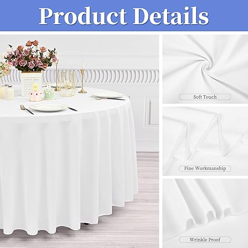 Miniatura 5 de Paquete de 12 manteles redondos blancos de poliéster de 108 pulgadas, tela lavable, resistente a las manchas y a las arrugas, ropa de mesa redonda