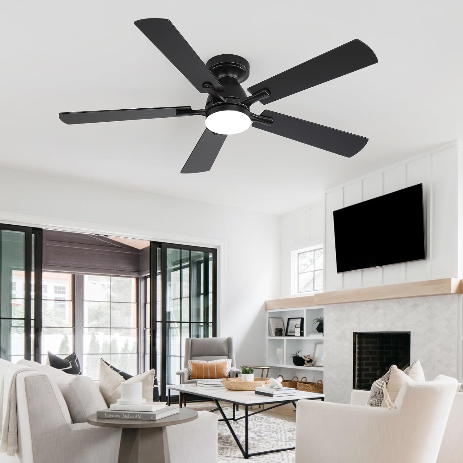 52 Inch Ceiling Fan with Lights, Black Modern Low Profile Flush Mount Fan, App&Remote Control, Dimmable LED 3 Color Temperatures, Quiet Reversible DC Motor, 6 Speeds Timer for Bedroom LivingRoom Patio