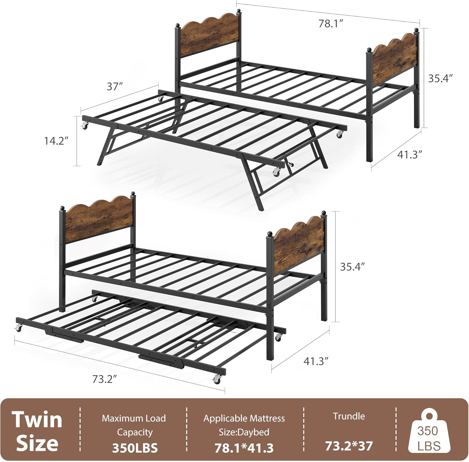 IDEALHOUSE Twin Daybed with Trundle, Day Bed with Industrial Wood Grain Headboard, Steel Slats Support & Lockable Casters, Space-Saving & Multifunctional, Easy Assembly for Living Room, Bedroom, Brown