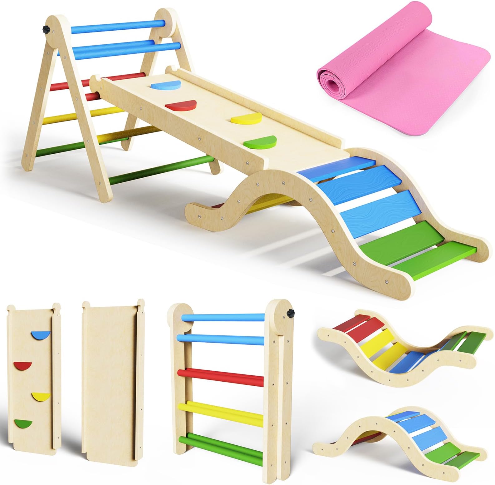 doowroodni Pikler Triangle Set 7in1 Toddler Climbing Toys Indoor Foldable Baby Climbing Toys Wooden Montessori Climbing Set with Arch, Ramp, Ladder for 1-3 Years, Jungle Gym for Kids Colored