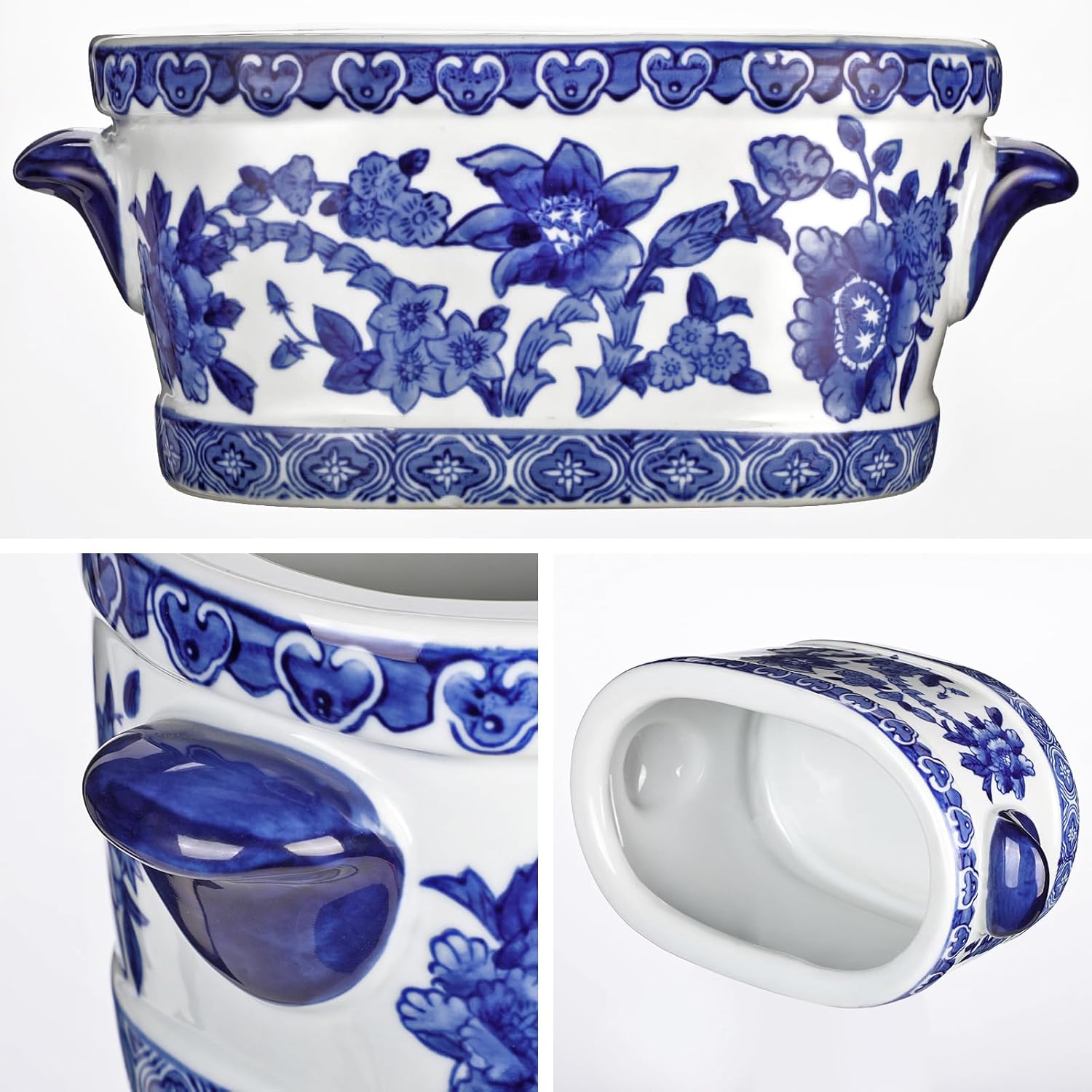 Blue and White Ceric Planter Pot – Vinta Floral Oval Cachepot Vase for