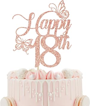 Happy 18th Cake Topper, 18th Birthday Cake Decorations, Sweet 18, Butterfly 18 Cake Topper, Happy 18th Birthday Party Decorations Rose Gold Glitter
