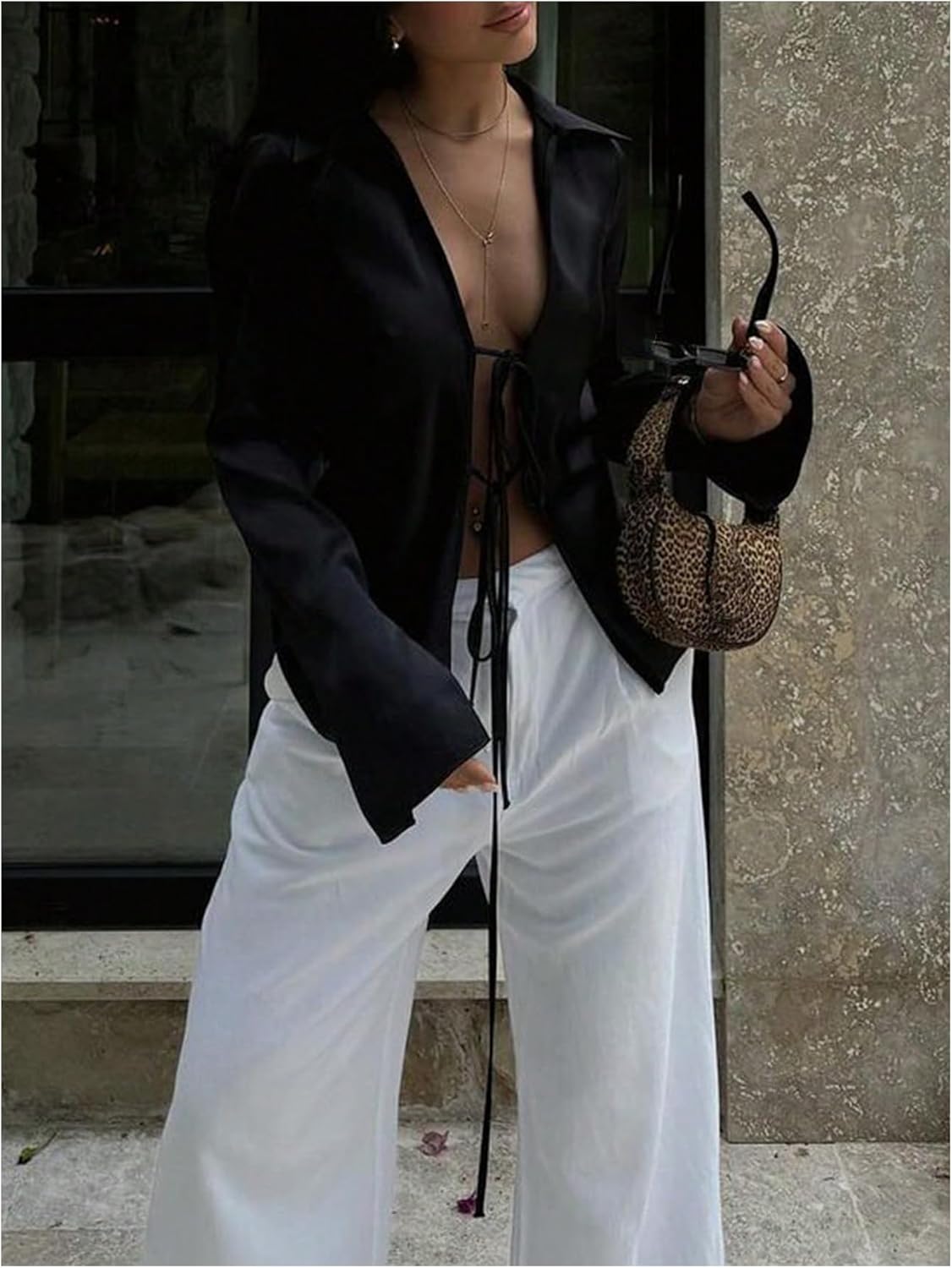 GORGLITTER Women's Tie Front Satin Top Bell Long Sleeve Deep V Neck Going Out Blouse Shirts Business Casual Outfits - Image 2