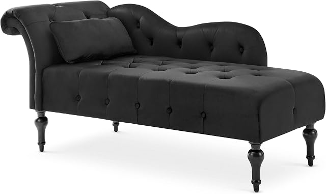 Bravich Velvet Fabric Black Chaise Lounge Chair- One Piece Chesterfield Left Hand Side Long Sofa Seater For Living Room Furniture Decor. Wooden Legs With Rolled Arm Rest & Small Cushion- Black