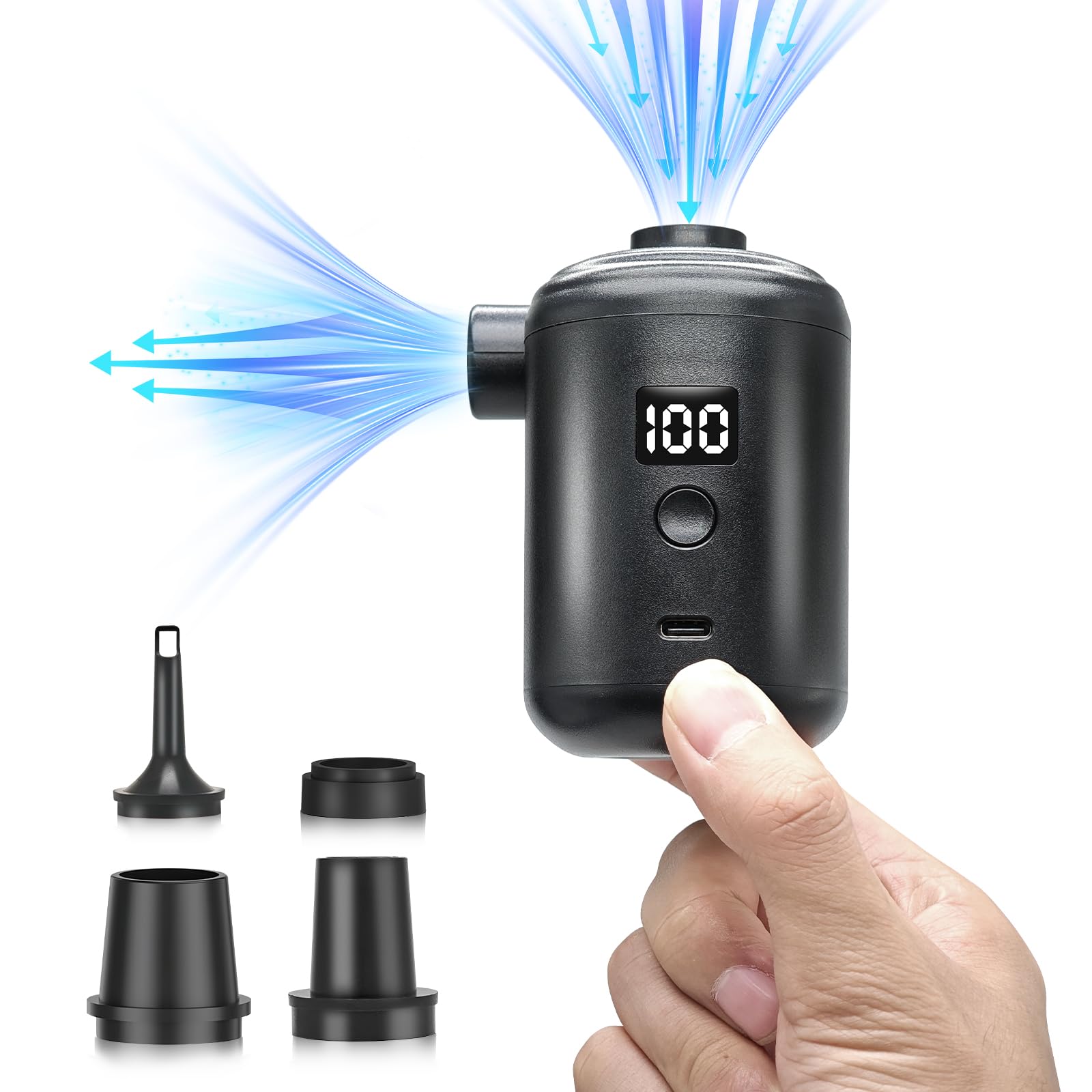 Pompa Elettrica, 3600 Mah, Ricarica Usb, Mini Pompa Ad Aria, Gonfiatore Elettrico, 280 L/Min, Con Set Di 4 Ugelli, Indicatore Digitale Della Batteria, Portatile Per Materasso Ad Aria