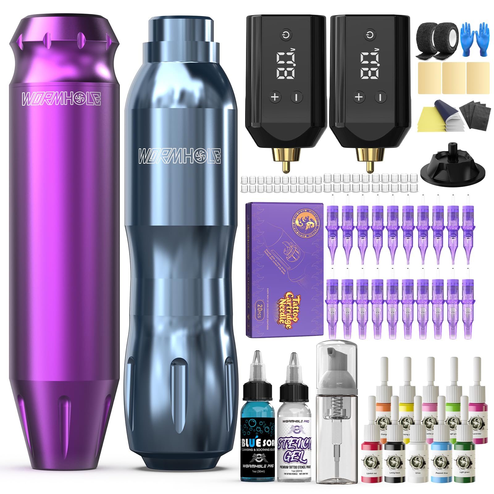 Kit 2PCS Wireless Tattoo Gun with 2PCS 1,200 mAh Capacity Battery, 20PCS Cartirdge Needles and 10PCS Tattoo Ink, Tattoo Practice Kit Complete Rotary Machine Kit for Beginners
