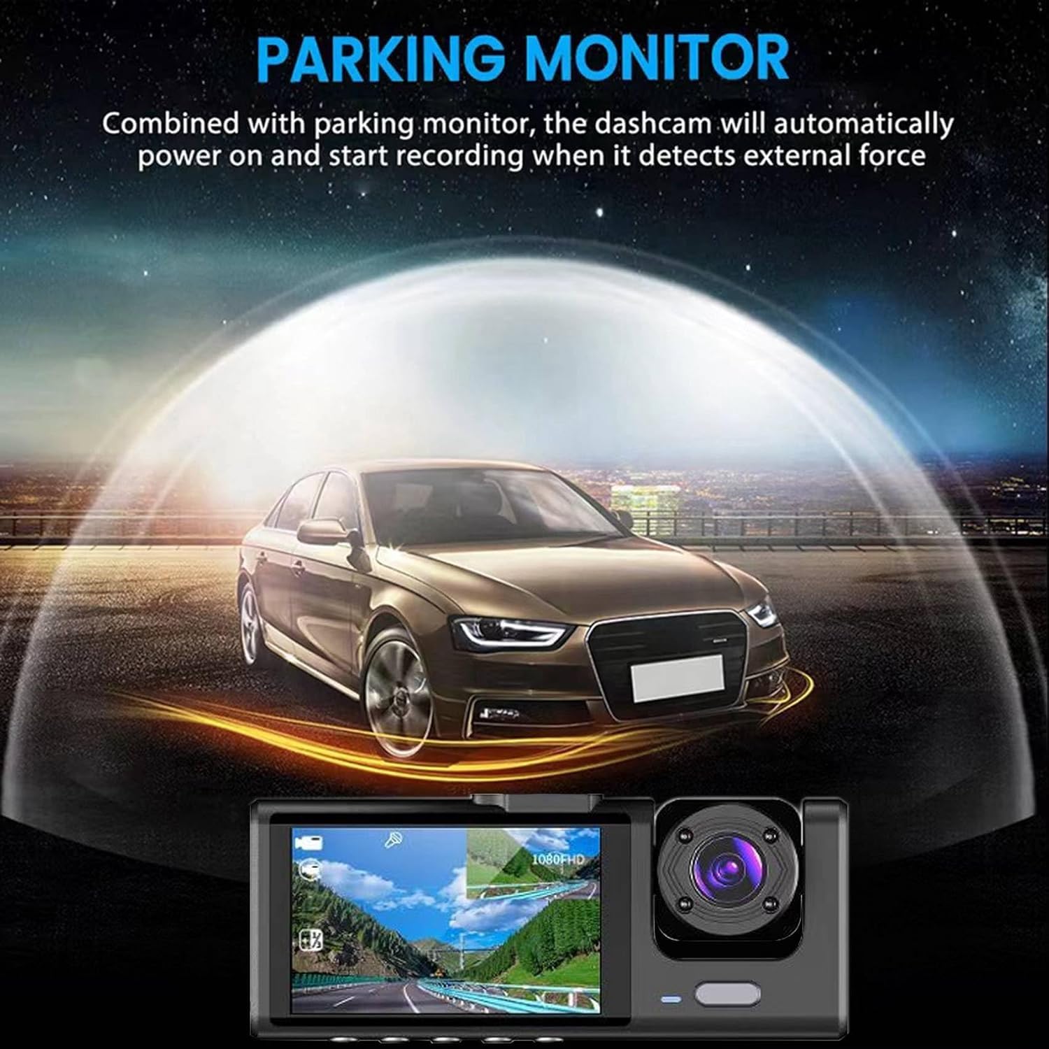 Dash Cam Auto 3 Lenti Full HD 1080P, Tripla Videocamera Frontale + Abitacolo + Posteriore, Visione Notturna, Monitoraggio Parcheggio 24H, Display Integrato, Installazione Facile con Supporto Ventosa