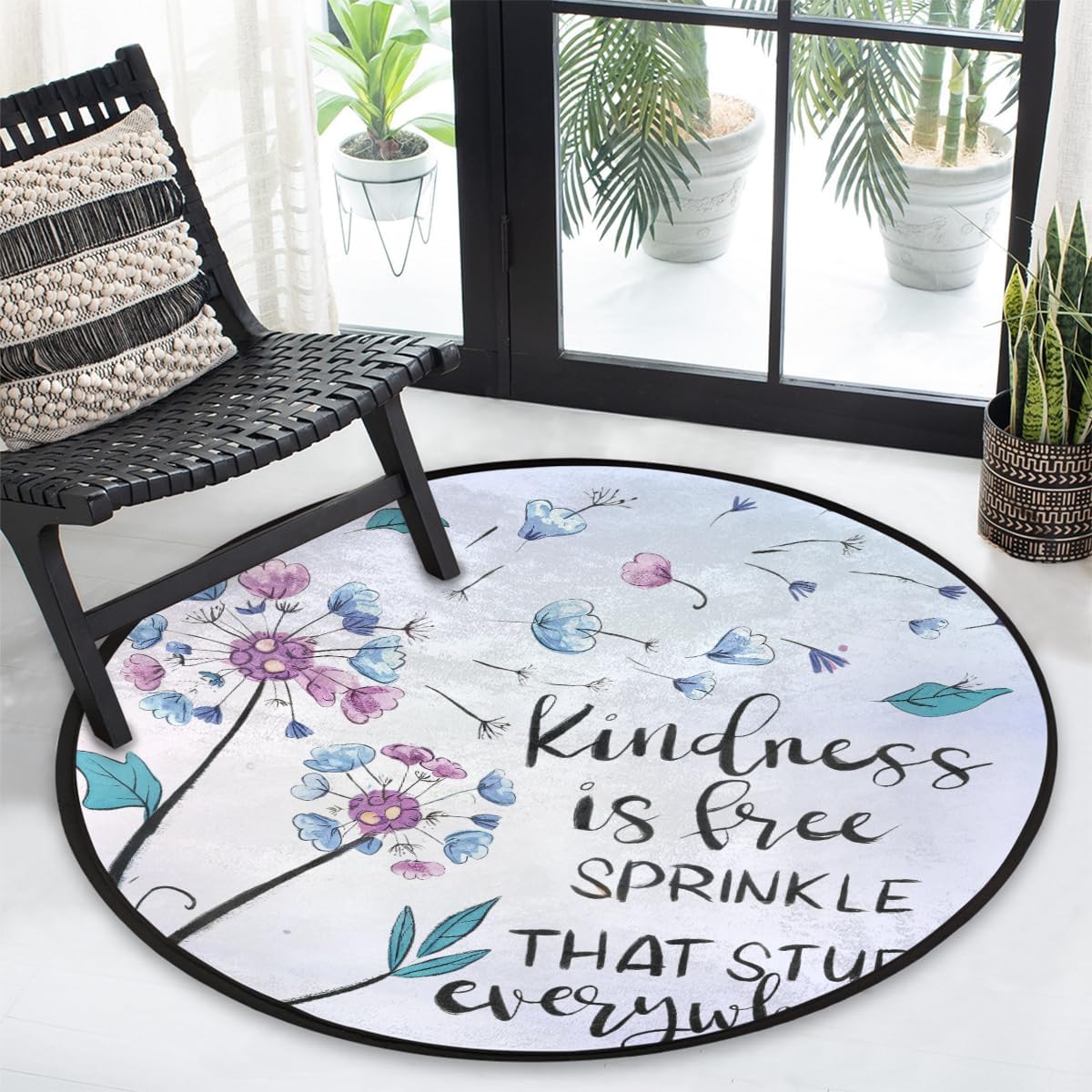 Round Rug 5ft Flower Floral Indoor Circle Area Circle Rugs Washable Non-Slip Bedside Indoor Doormat for Living Room Bedroom Playroom Nursery Room Decor Carpet Mat Splat Mat for High Chair