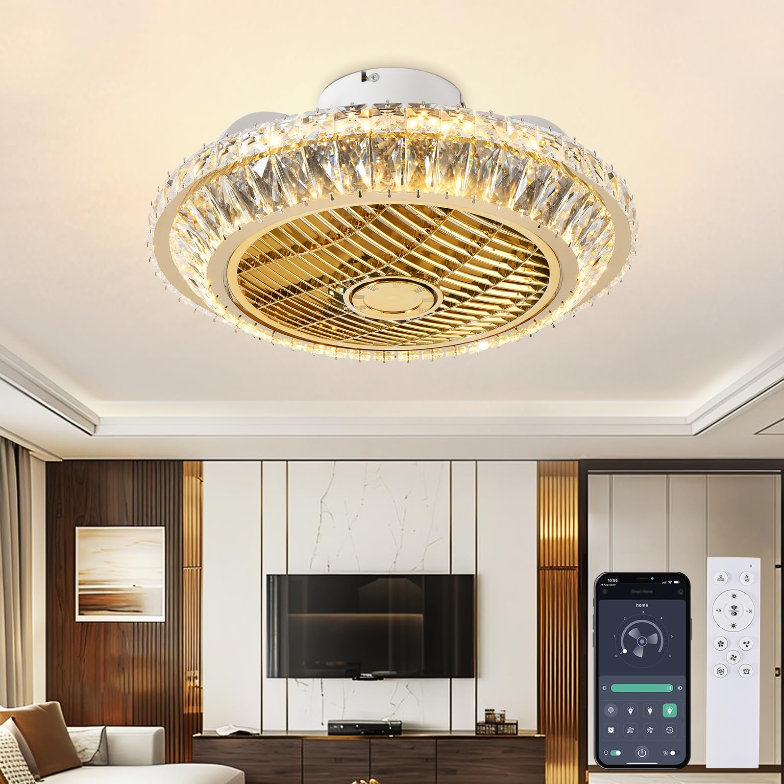 RRBEST Crystal Ventilatori Da Soffitto Con Lampada 72W LED Fan Plafoniera Invisibile 3 Velocità Con Telecomando＆APP Dimmerabile, Con ruota di guida dell'aria, circolazione dell'aria a 360°