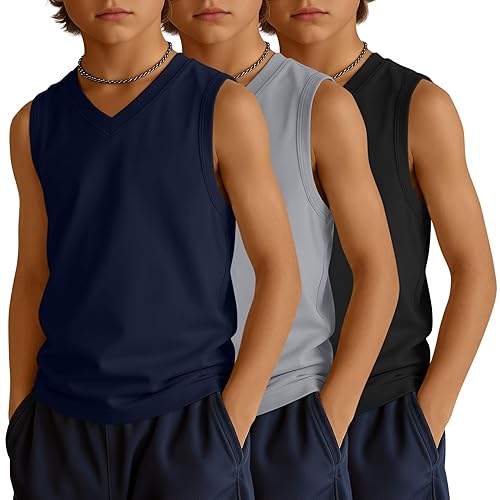 3 Pack Boys Tank Tops Undershirts 5-14Y V Neck Sleeveless