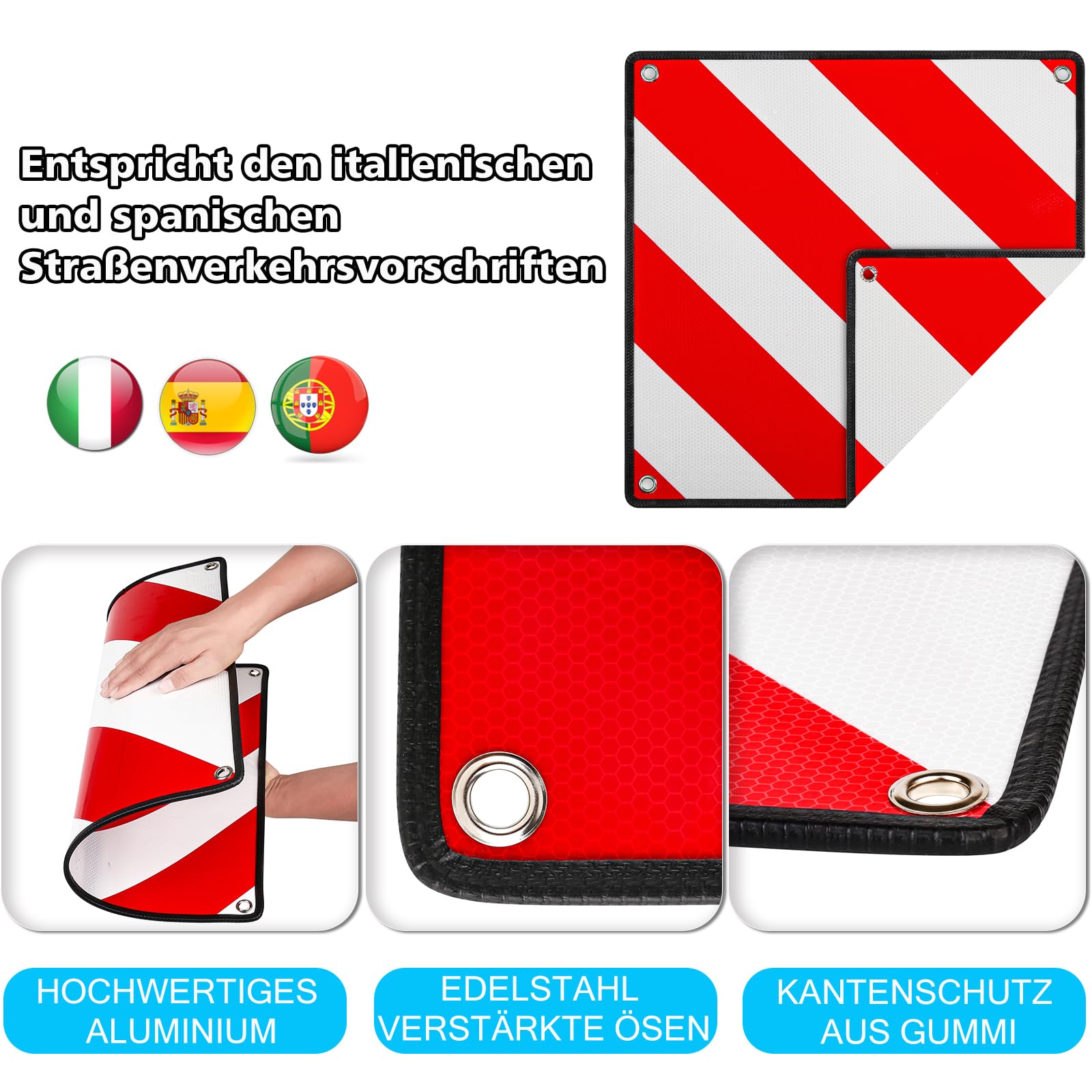 3 In 1 Warntafel für Italien Spanien Portugal, Alu Reflektierend Warnschild 50x50CM mit Spannseile & Eckenschützer, Zertifizierte für Fahrradträger Heckträger Anhänger Auto Wohnmobil - 1 Stück