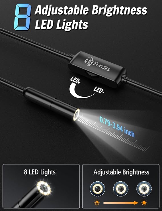 1920P HD Endoscope Inspection Camera, 32.8ft Semi-Rigid Camera | IP67 Waterproof Drain Pipe Borescope with 8 Adjustable LED Lights, Gadgets Tool for iOS 9+ Android 6+