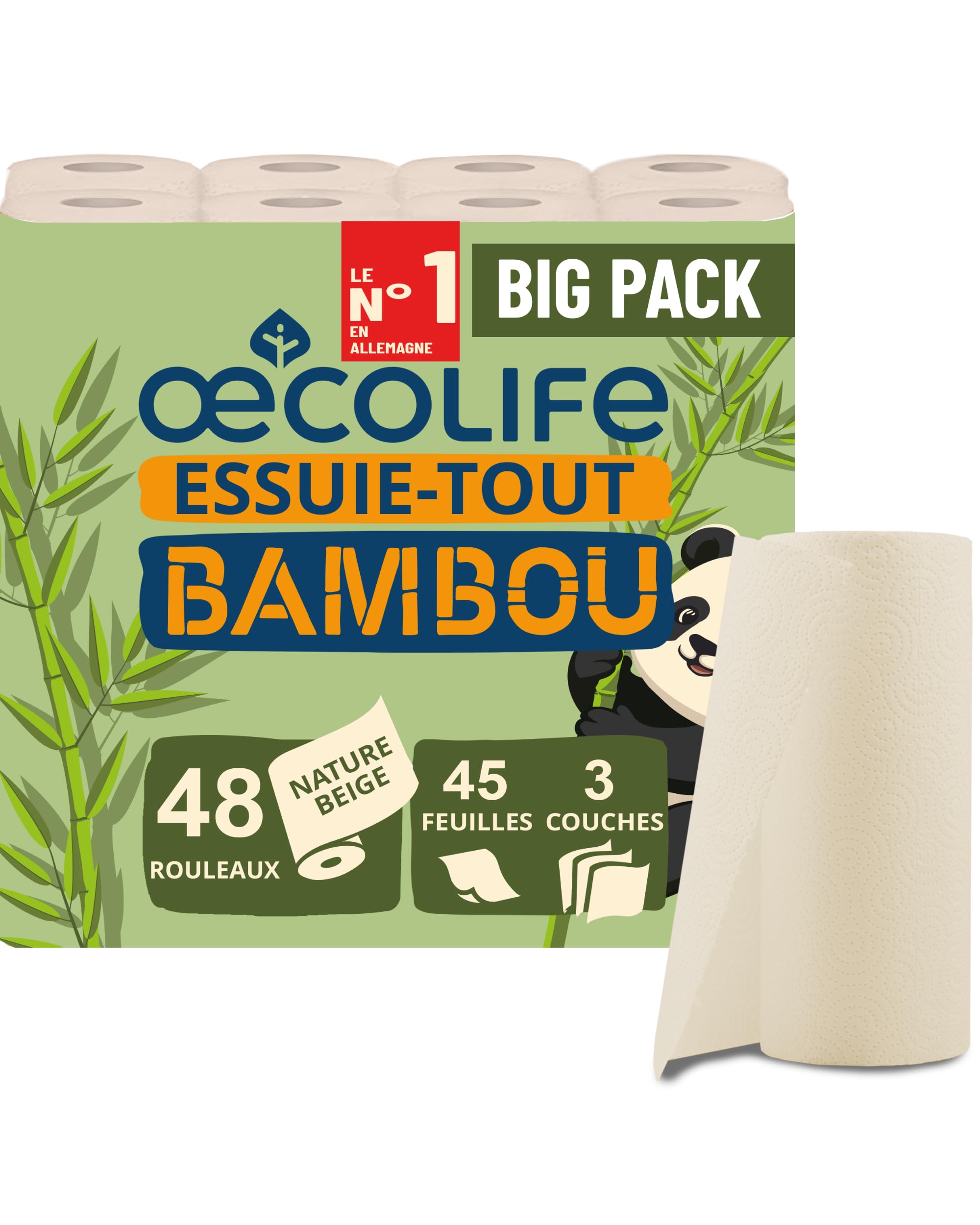 œcolife Lot de 48 Rouleaux d'Essuie-Tout en Bambou - 45 Feuilles par Rouleau - 3 Couches - Cellulose Écologique Non Blanchi aux Propriétés Antibactériennes